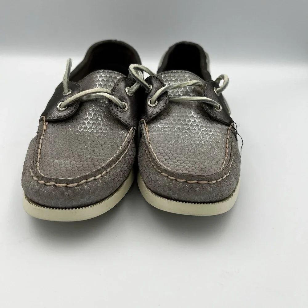 Sperry Angelfish Silver Metallic Leather Boat Shoes W 9M Coastal‎ Marina Preppy
